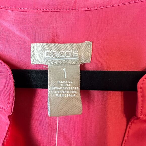 2/$30 Chicos Pink Button Up Tunic Top Size M Roll Tab Office Classic Barbiecore - Picture 6 of 9